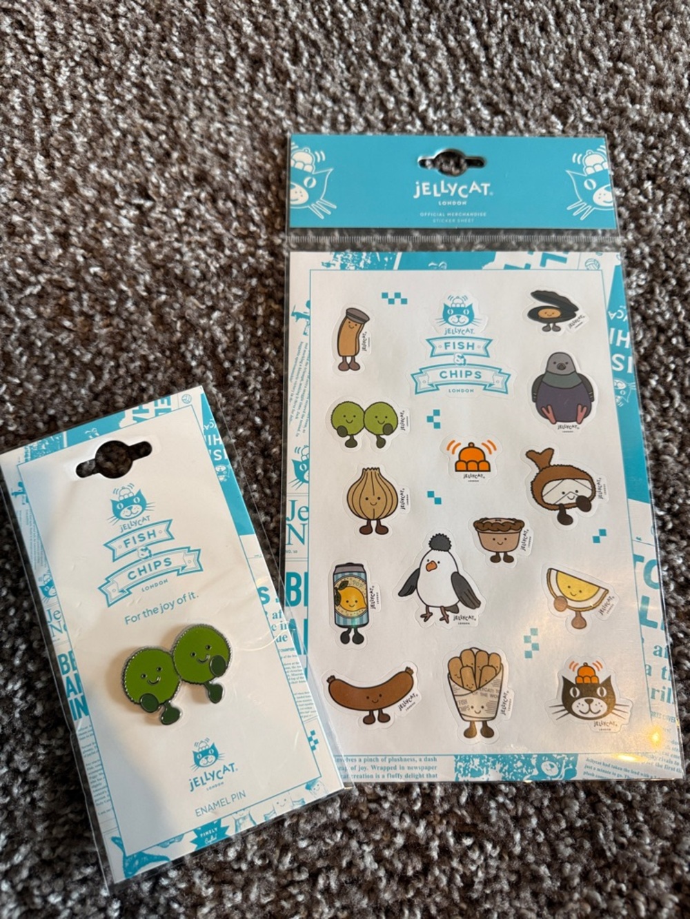 NWT Jellycat London Fish & Chips Sticker Sheet with Green Peas Enamel Pin